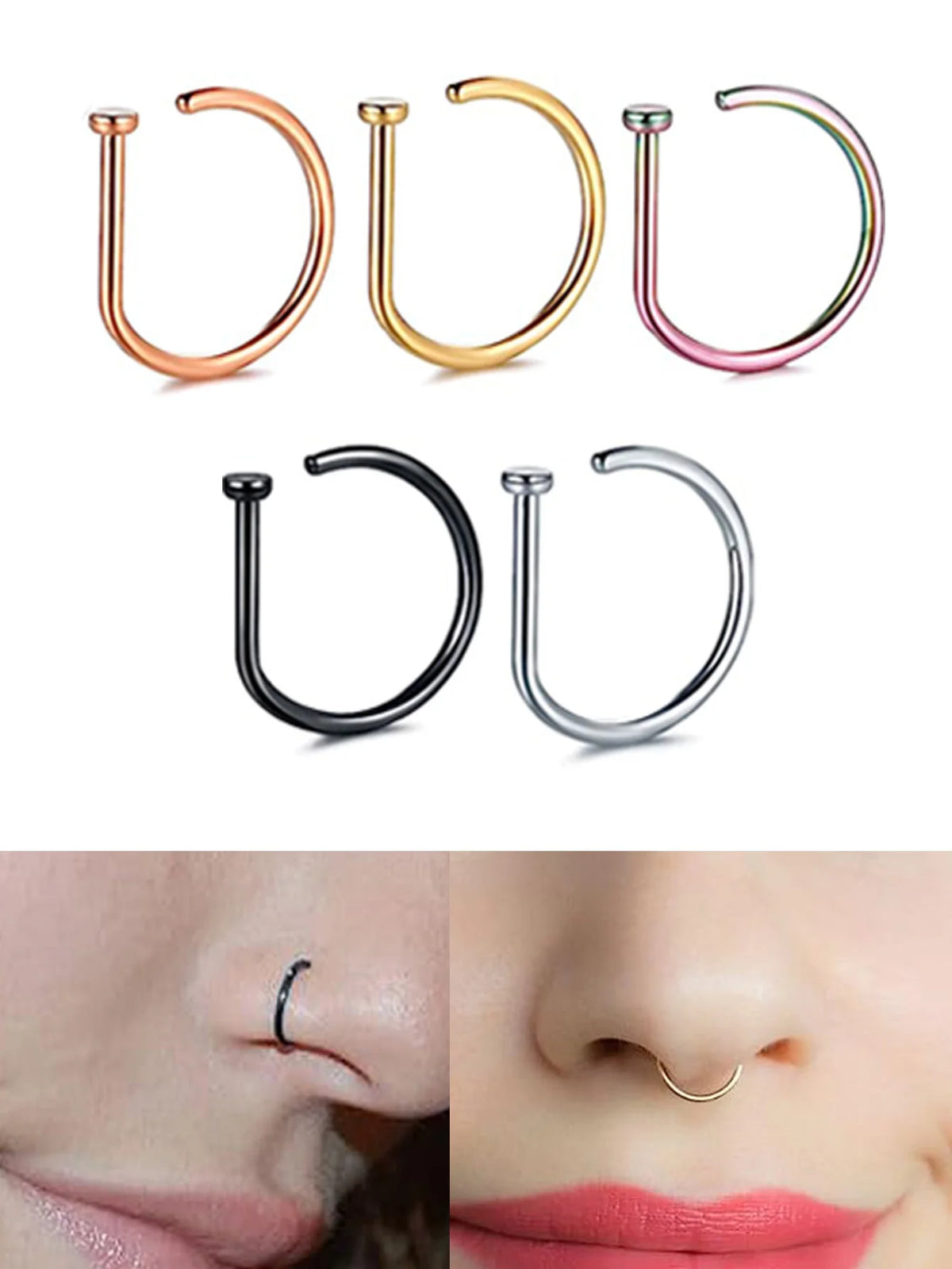 New Curved Barbells Fake Nose Piercing D Shaped Tragus Helix Stud Earring Hoop Septum Stainless Steel Ring Nostril Body Jewelry Pi-Mart