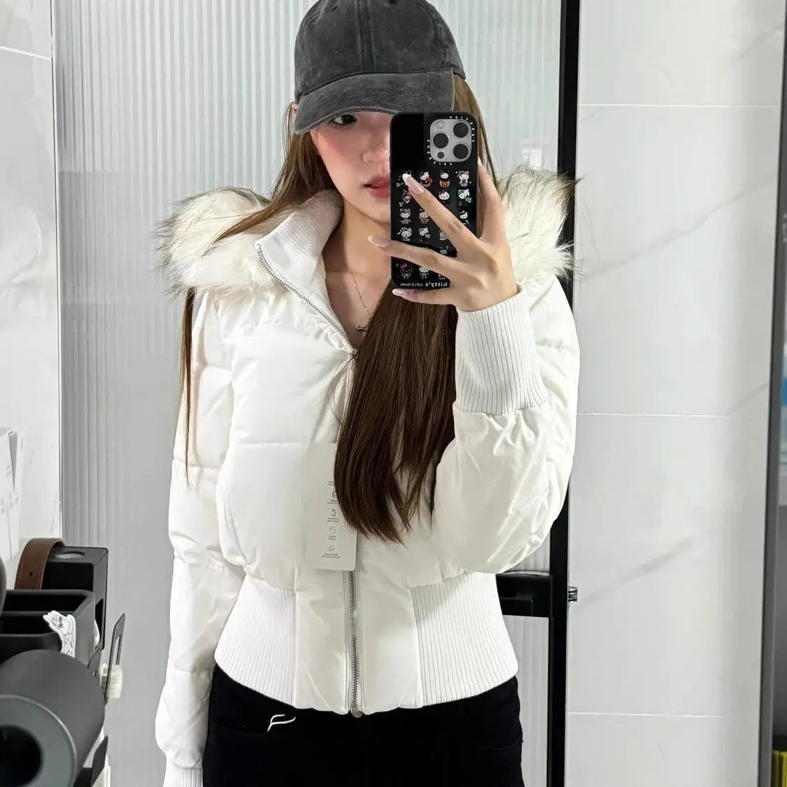 Autumn Winter Fur Collar Hooded Cropped Puffer Jacket Women's Warm Cotton Padded Jacket Short Top Windproof Coat Y2K High Waist LadyShow.Store
