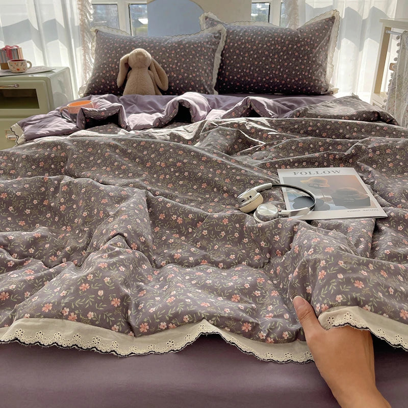 Summer Quilt Korean Style Duvet with Lace Single/Queen Size Comforter Flower Printed Quilted Blanket 여름이불 (No Pillowcase) Pi-Mart
