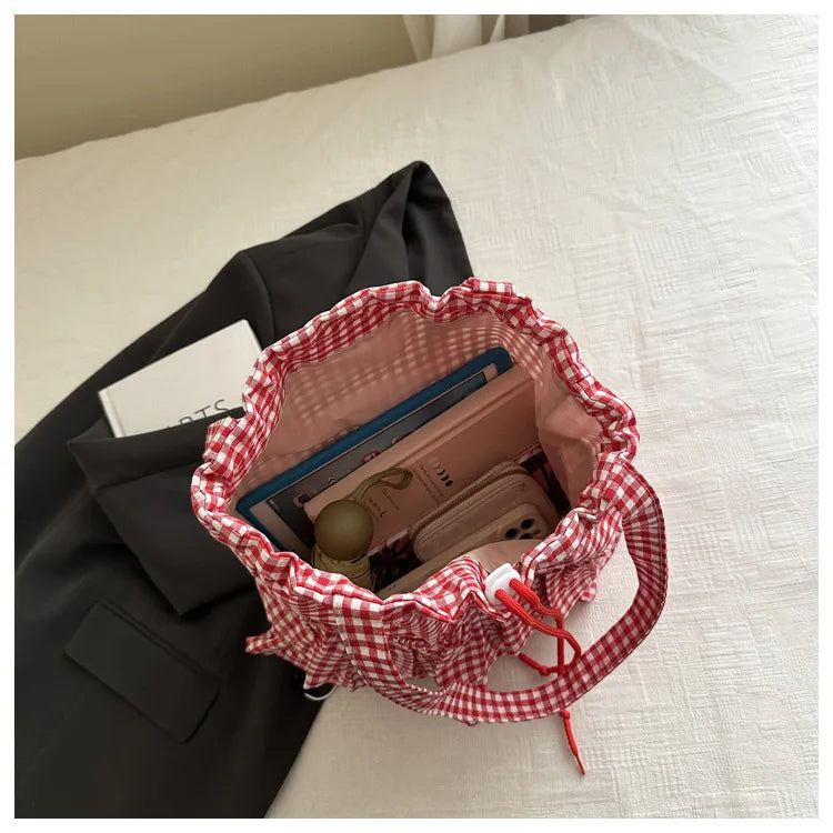 Large Capaci Cute Plaid Cotton Tote Bag  Lace Trim Women's Summer 2025 Simple Lady Handbag Soft Shoulder Bags Bolsa Feminina Pi-Mart