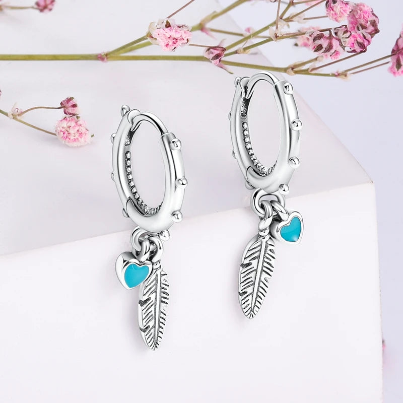 Genuine 925 Sterling Silver Love Feather Earrings Fit Original Charms Hoop For Women Girls Stud Earring Fine Jewelry Gifts Pi-Mart