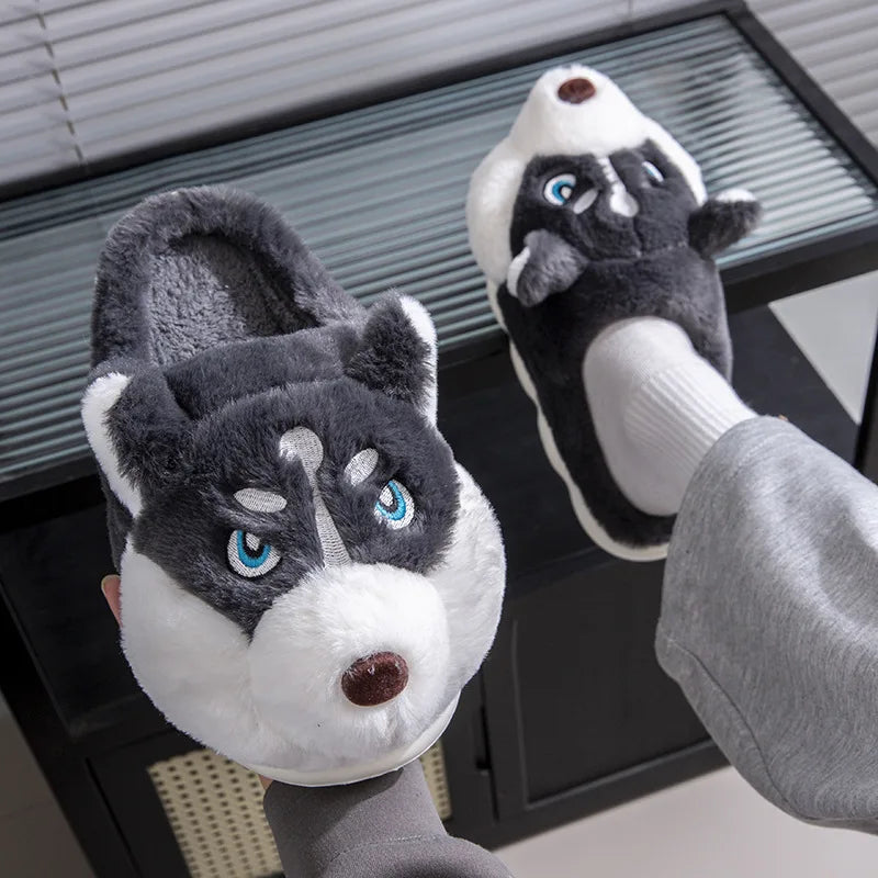 Plus Size 50 Indoor Fluffy Slippers For Women Men Winter Warm Shoes Cute Cartoon Dog Light Weight Couples Home Floor Slipper LadyShow.Store