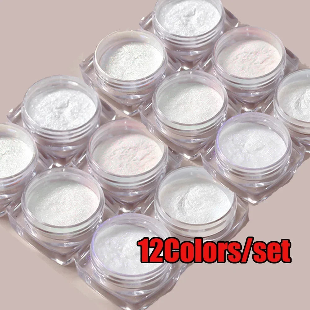 12Pcs/Set Aurora White Nail Mirror Powder 0.3g/Jar Shimmer Moonlight Chrome Pigment Dust for UV Gel Polish Manicure Decorations Tri Light Beauty