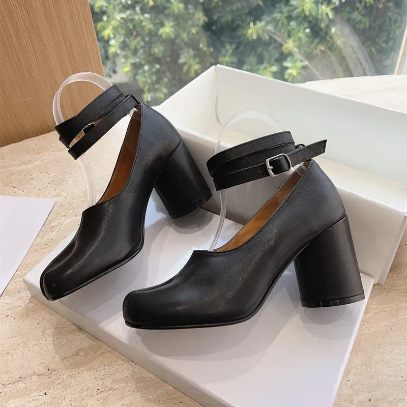 Ins style Vintage Soft Leather Split Toe Tabi Women Pumps Fashion Ankle Strap Thick High heels Spring Autumn Casual Chunky Shoes LadyShow.Store