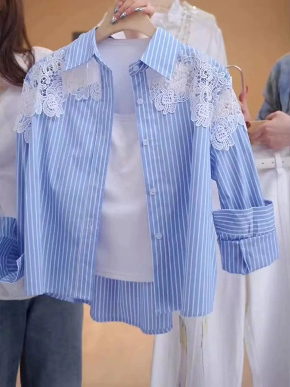 Lace Hook Splicing Polo Neck Striped Women Shirt Spring New Loose Jacket Top LadyShow.Store