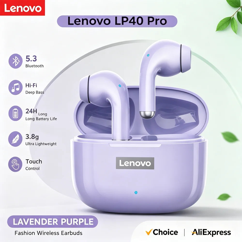 Lenovo LP40 Pro TWS Bluetooth 5.4 Wireless Headphones HiFi Stereo Earphones Gaming Sports Touch Control HD Call With Mic Earbuds Pi-Mart