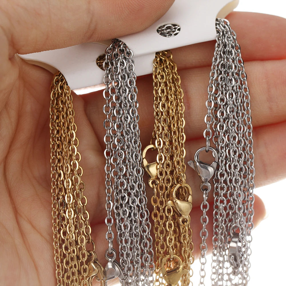10pcs 50cm 2mm Gold Color Stainless Steel Link Chains Necklaces Fashion Jewelry Cuban Chains Wholesale Chain DIY Crafts Supplies Pi-Mart