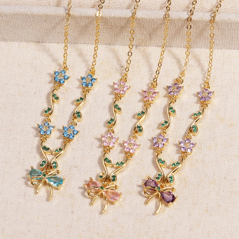 Summer New Fashion Exquisite Bow Leaf Flower Necklace For Women's Elegant Pink Zircon Chain Pendant Jewelry Gifts Pi-Mart