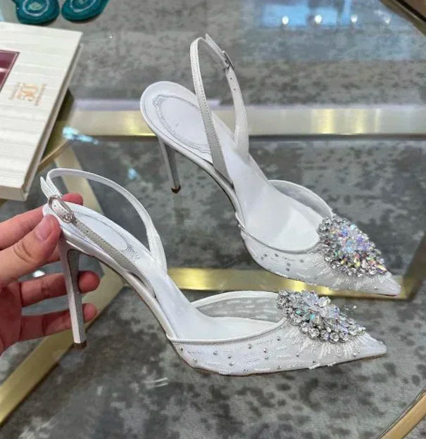 White Wedding Shoes, Rhinestone Pointed Crystal Toe Sandals, New High-heeled Shoes, Sexy Single Shoes Pi-Mart