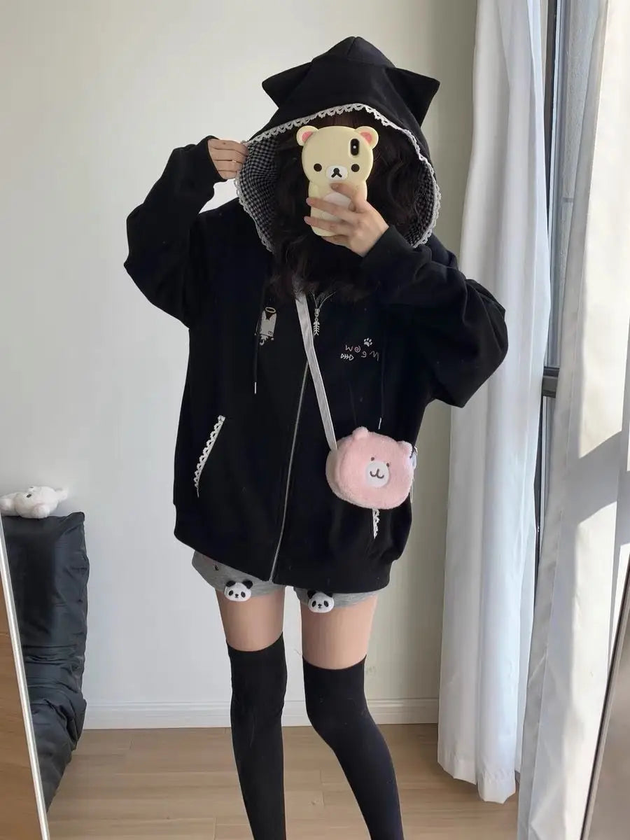 Zipper Hoodie Gothic Cartoon Kawaii Cat Ear Y2k Jacket Zip Up Thin Coat Spring Autumn Cute Core 2000s Clothes Fall Sweatshirts LadyShow.Store