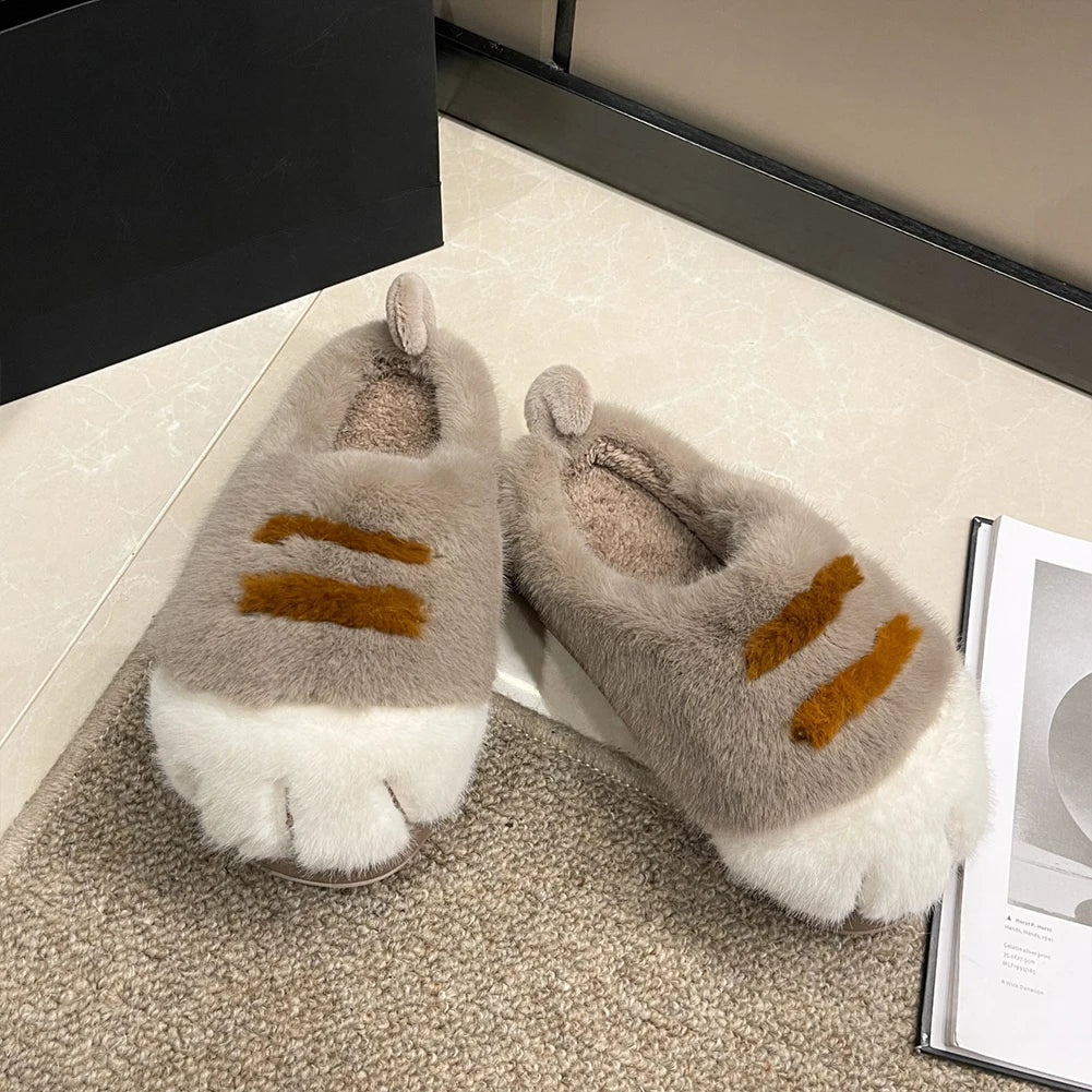 3D Cat Paw Plush Slippers Warm Slip-on House Shoes Anti Slip Flat Thermal Slippers Furry Paw Couple Slippers for Autumn Winter Pi-Mart