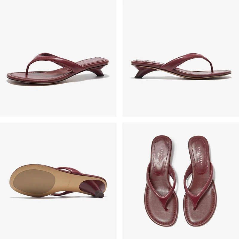 BEAUTODAY Casual Flip Flops Women Sheepskin Leather T-Strap Open Toe Solid Slippers Outdoors Ladies Elavated Retro Shoes 35139 LadyShow.Store