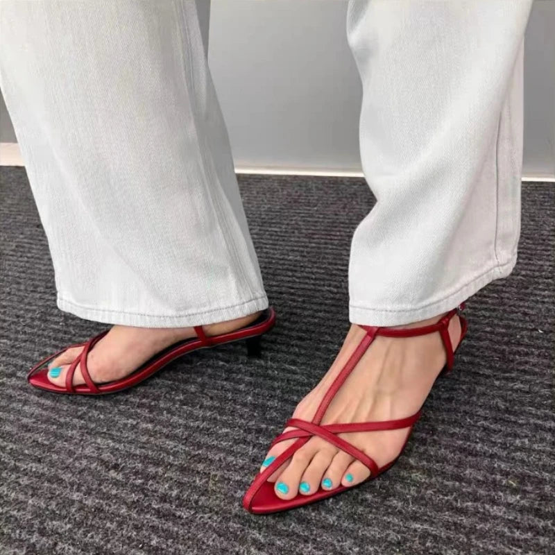 Women Sandal Summer New Fashion Narrow Band Ladies Gladiator Shoes Thin Low Heel Ankle Strap Dress Party Shoes Pi-Mart
