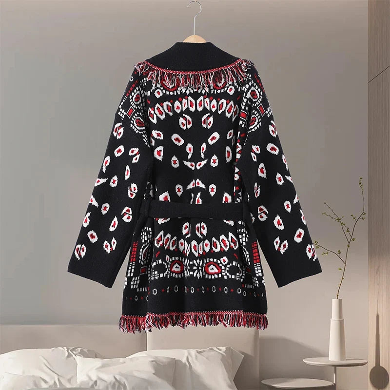 Casual Printed Cardigans Women Tassel Lace Up V-neck Full Sleeve Loose Knit Coat Female 2026 Autumn Fashion Lady Outwears LadyShow.Store