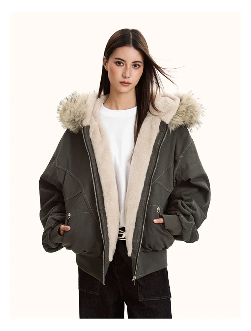 ZAROY Fur Collar Hooded Parkas Y2k Harajuku Thicken Padded Jackets Casual Zipper Gothic Women&Men Winter Coats Streetwear кур LadyShow.Store