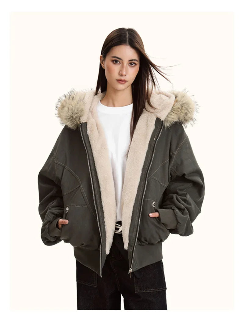 ZAROY Fur Collar Hooded Parkas Y2k Harajuku Thicken Padded Jackets Casual Zipper Gothic Women&Men Winter Coats Streetwear кур LadyShow.Store