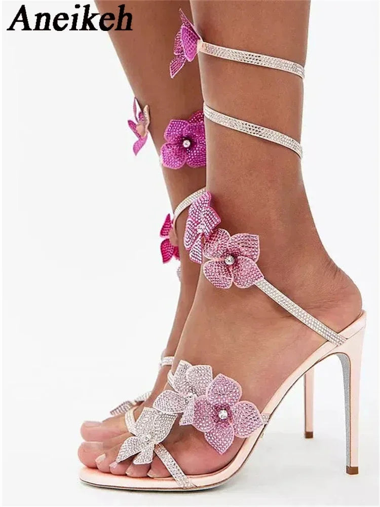 Aneikeh Sexy CRYSTAL Flower Narrow Band Ankle Strap Sandals Woman Thin High Heels Street Style  Pole Dancing Ladies Shoes LadyShow.Store