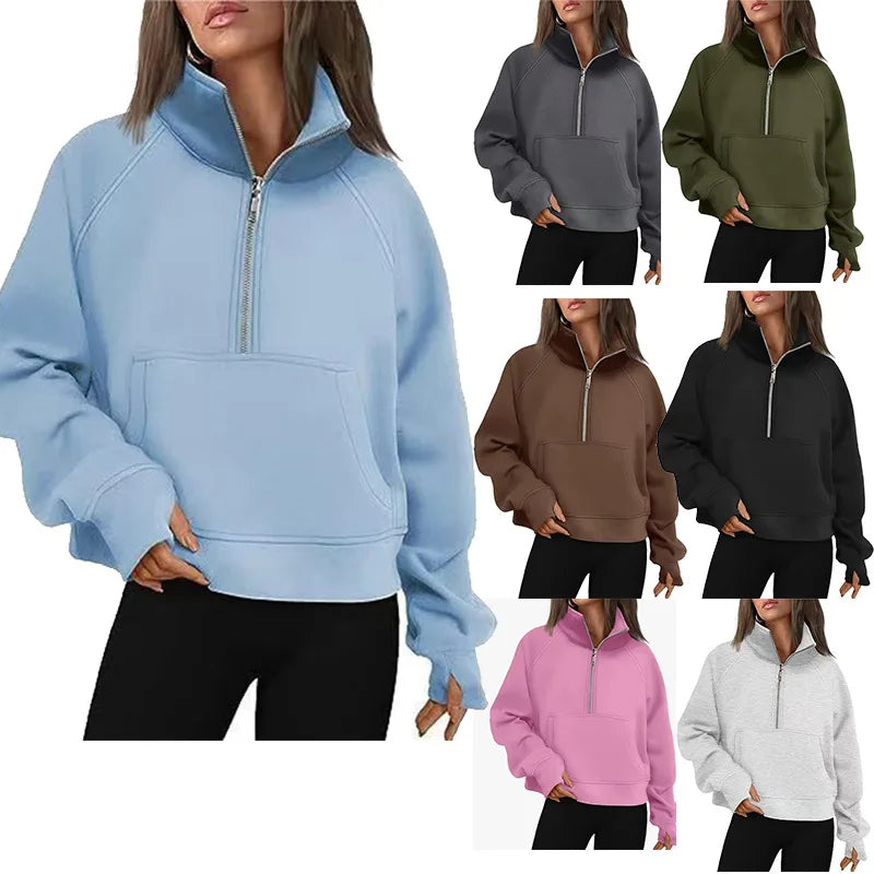 New Women's Spring Autumn Winter Stand Collar Plus Fleece Solid Color Hoodie Long Sleeve Pocket Loose Half Zip Pullover Hoodie Pi-Mart