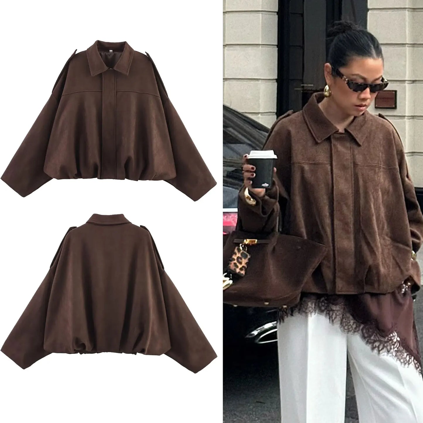 HH Women's Street Fashion Solid Loose Suede Texture Coats Causal Long Bat Sleeves Lapel Zipper Fly Winter Vintage Jackets LadyShow.Store