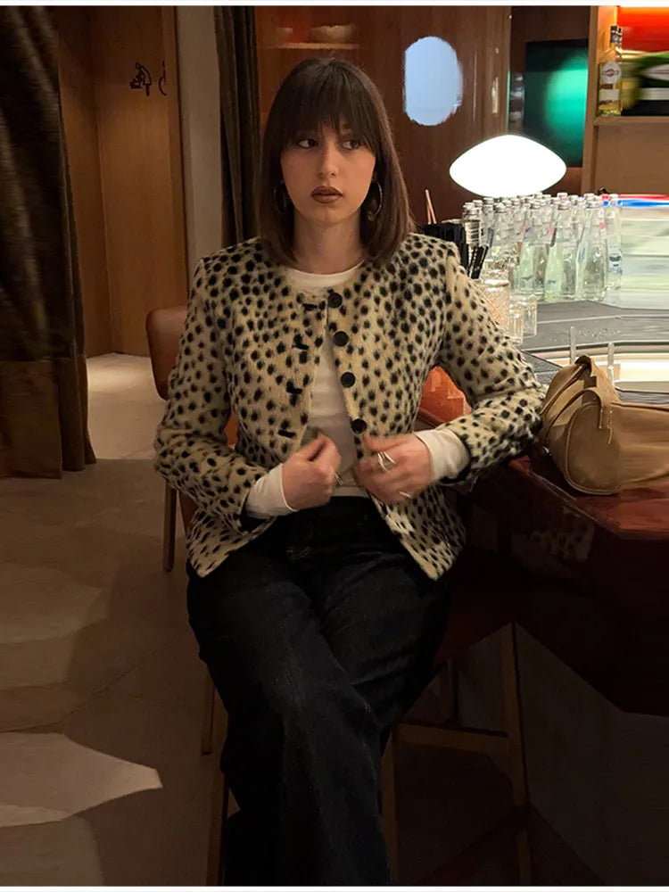 Retro Leopard Faux Fur Short Coat Lady Chic O-neck Single Button Placket Spotted Dot Cropped Long Sleeve Outerwear Street Jacket Pi-Mart