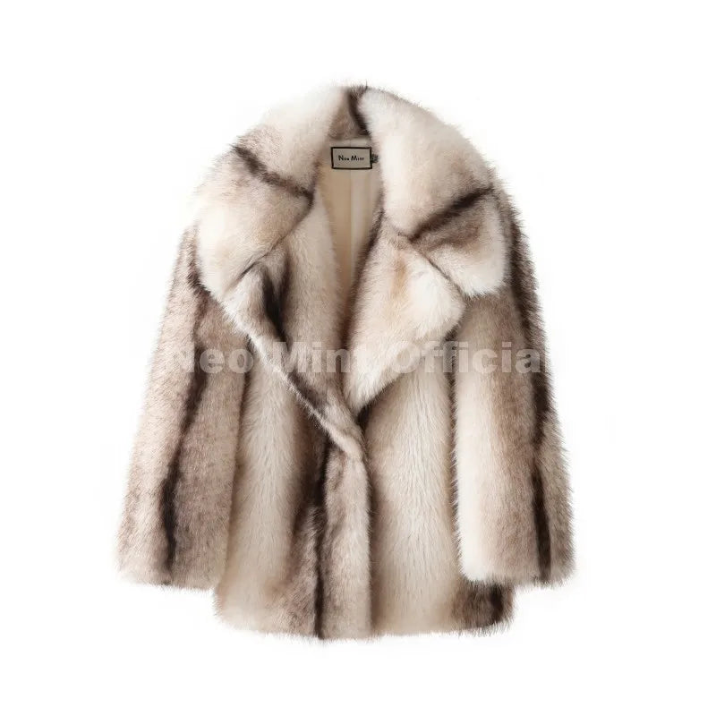 Neo Mint Luxury Brand Fashion Women Yellow Striped Faux Fur Jacket Coat Chic Girls 2025 Winter Oversized Warm Outerwear Overcoat LadyShow.Store