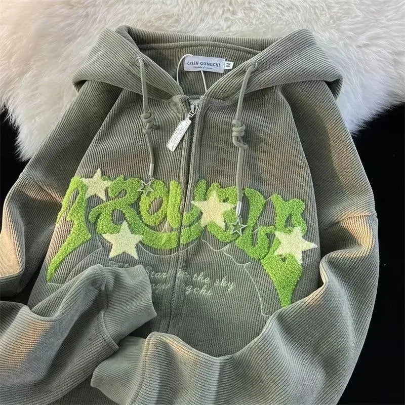 Fashion Embroidery Zip Up Hoodies Women Autumn Long Sleeve Tops Loose Hood Shirt Harajuku Y2K Clothes Female Sweatshirt Jacket LadyShow.Store