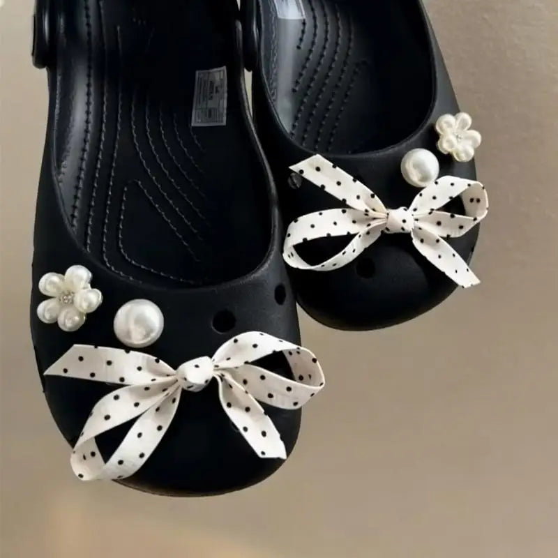 Elegant Polka Dot Bowknot DIY Shoes Charms Set 2026 New Luxury Faux Pearl Ballet Clogs Accessories Woman's Shoes Decorations Pi-Mart