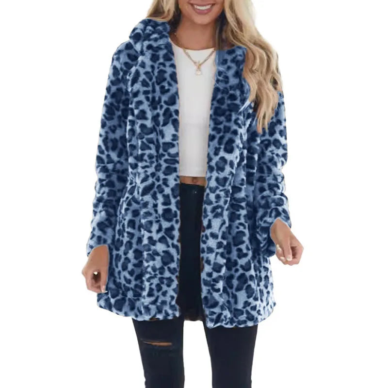 Women Winter Warm Faux Fur Coat Fashion Casual Turn-down Collar Leopard Jackets Ladies Streetwear Long Sleeve Pockets Overcoats LadyShow.Store