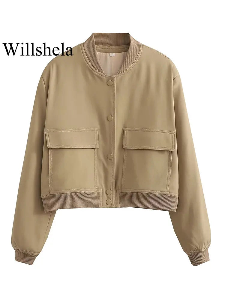 Willshela Women Fashion Solid Bomber Jackets Coat With Pockets V-Neck Single Breasted Long Sleeves Female Chic Lady Outfits LadyShow.Store
