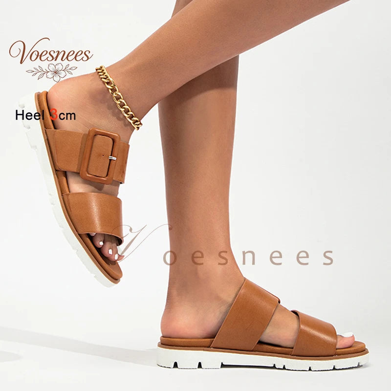 Adjustable Square Buckle Women Slide Sandals Two Strap Platform Slippers Low Heel Soft Sole Summer Open Toe Walking Casual Shoes Pi-Mart