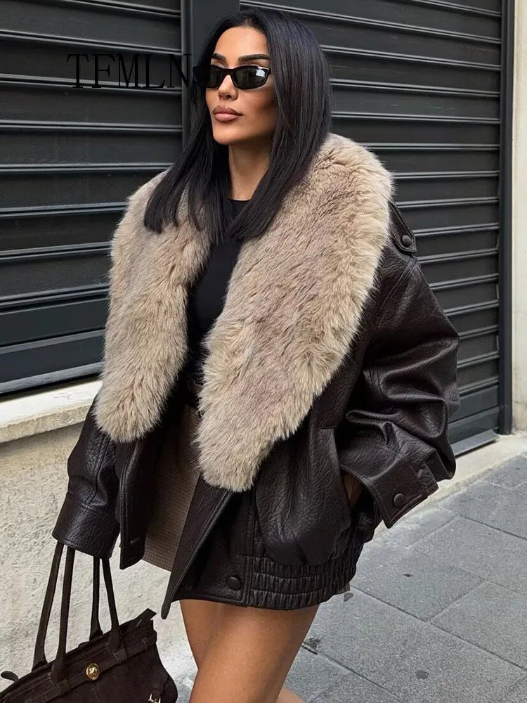 TFMLN 2025 Winter Women Loose Faux Leather Jacket Fashion Removed Big Fur Collar Causal Coat High Street Double Breasted Outwear LadyShow.Store