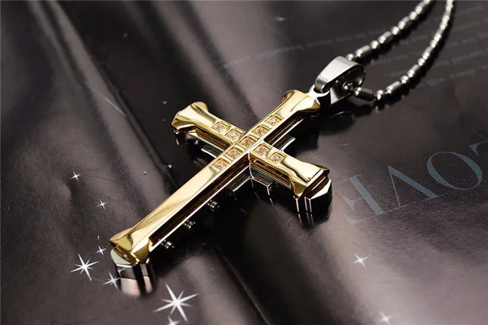 2024 New Male Crystal Cross Jesus Pendant Gold/Black/Blue Color Zirconia Cross Pendant Necklace Stainless Steel Jewelry Pi-Mart