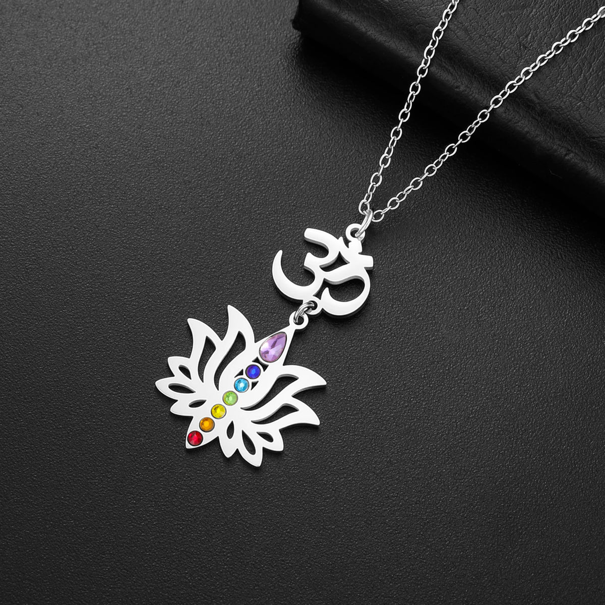 Gold Plated 7 Chakra Lotus Flower Necklace with Om Symbol Spiritual Yoga Jewelry Seven Colorful Zircon Lotus Flower Necklace Pi-Mart