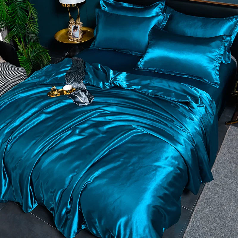 A/B Double-Sided Color Bedding Set Silky Satin Duvet Cover Bed Sheet Pillowcase Luxury Bedsheet King Queen Double Twin Size LadyShow.Store