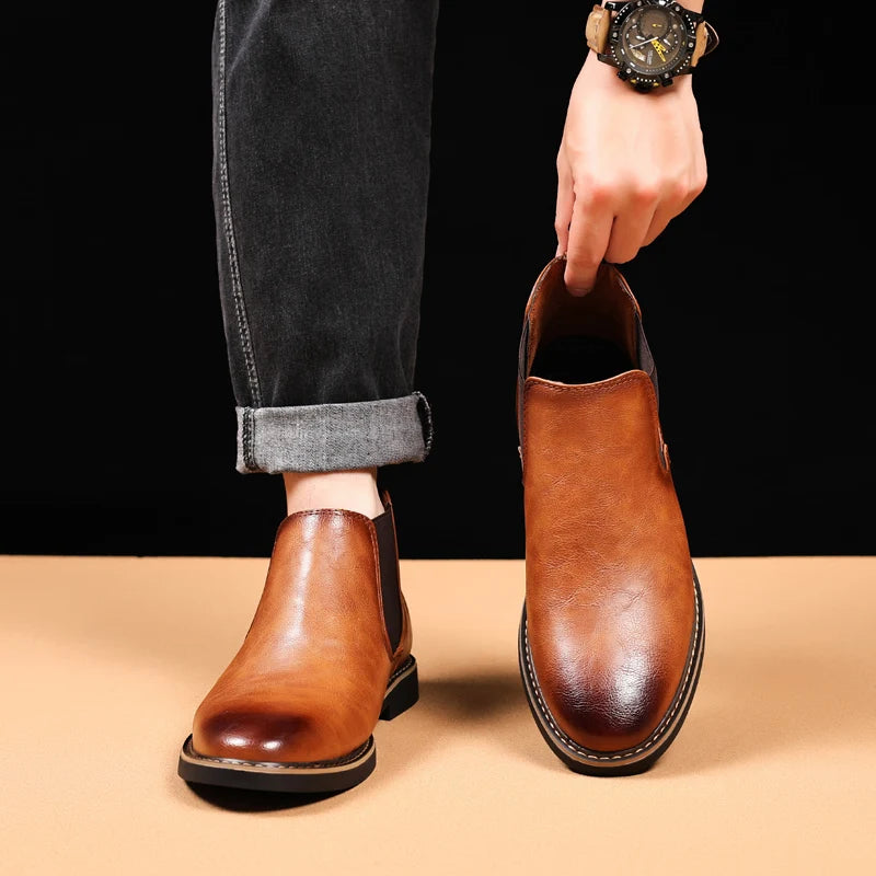 YRZL 39~47 Men Chelsea Boots Brand Retro Comfortable PU Leather Ankle Boots Men 2025 Fashion Black Brown Mens Boots Pi-Mart