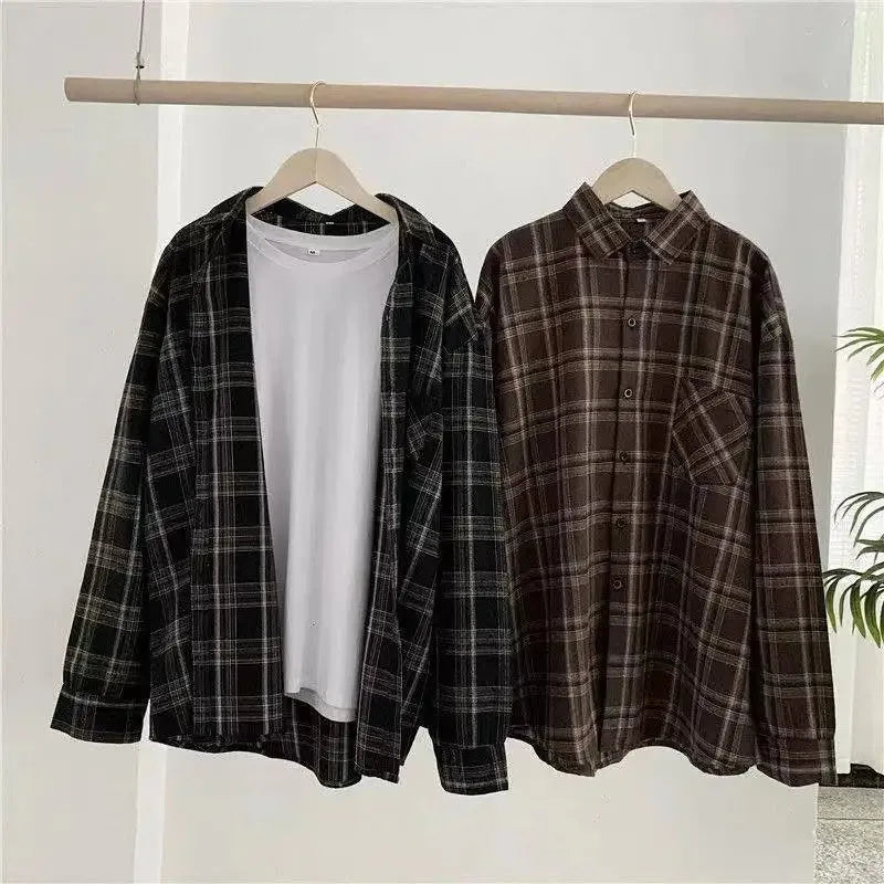Plaid shirt women long sleeve retro port taste loose size women Korean version of the spring wear student jacket LadyShow.Store