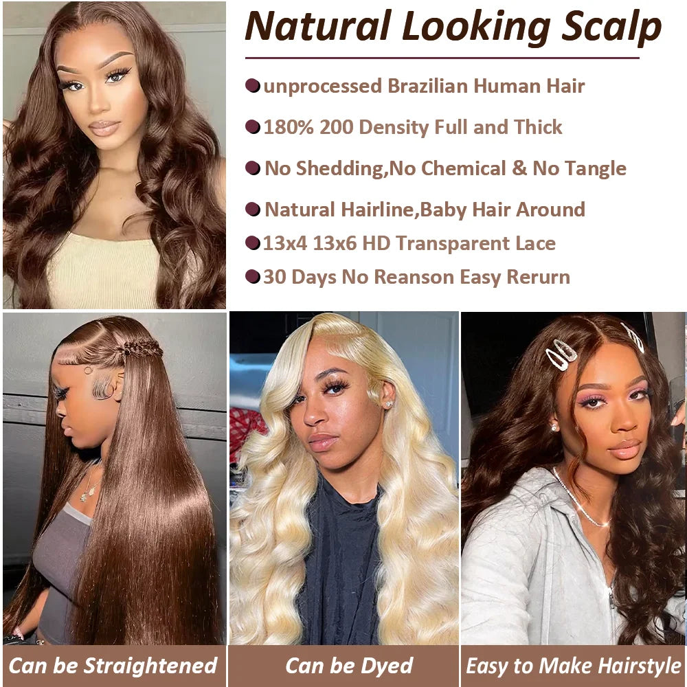 Body Wave Chocolate Brown 13x6 HD Lace Front Human Hair Wigs 200 Density HD Lace Frontal Wigs For Women Wigs Pre Plucked Hair LadyShow.Store