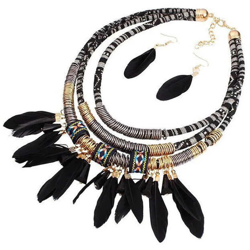 Fashion Vintage Ethnic Feather Choker Necklace Earrings Set For Women Multilayer Nekclace Earrings Jewelry Sets Pi-Mart