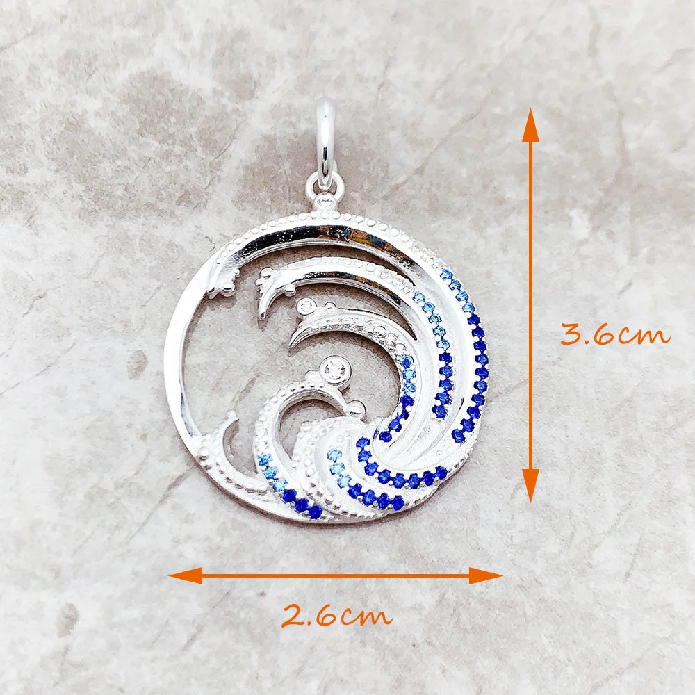 Wave With Blue Stone Pendants New Expressive Jewelry Pure 925 Sterling Silver Accessories Ocean Gift For Women Pi-Mart