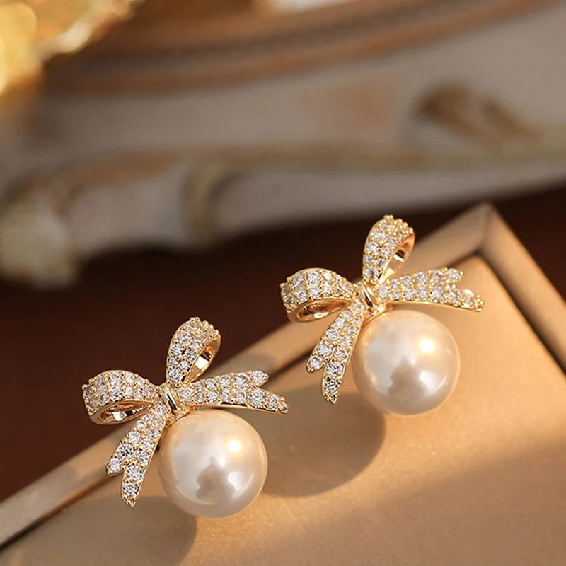 Sparkling Rhinestone Bow Pearl Stud Earrings Light Luxury Fashion Jewelry Women Gifts Wedding Birthday Pi-Mart