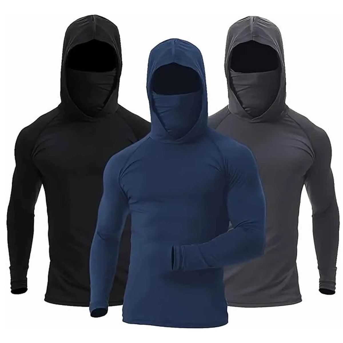 Men's Athletic Hoodie Long Sleeve Fishing Shirts, Upf 50+ Uv Sun Protection, Fitted High Stretch, Built-In Face Mask Pi-Mart