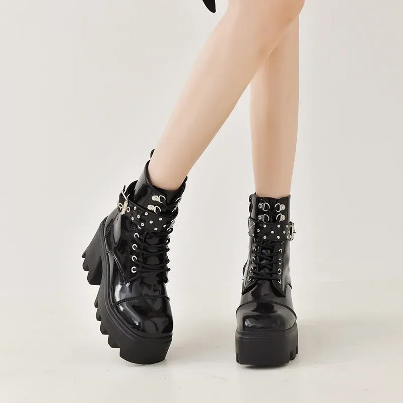 2024 Platform Thick Gothic Boots Lady Buckle Autumn Shoes Women Wedges Knee High Boots Punk Street  Motorcycle Chain Pi-Mart