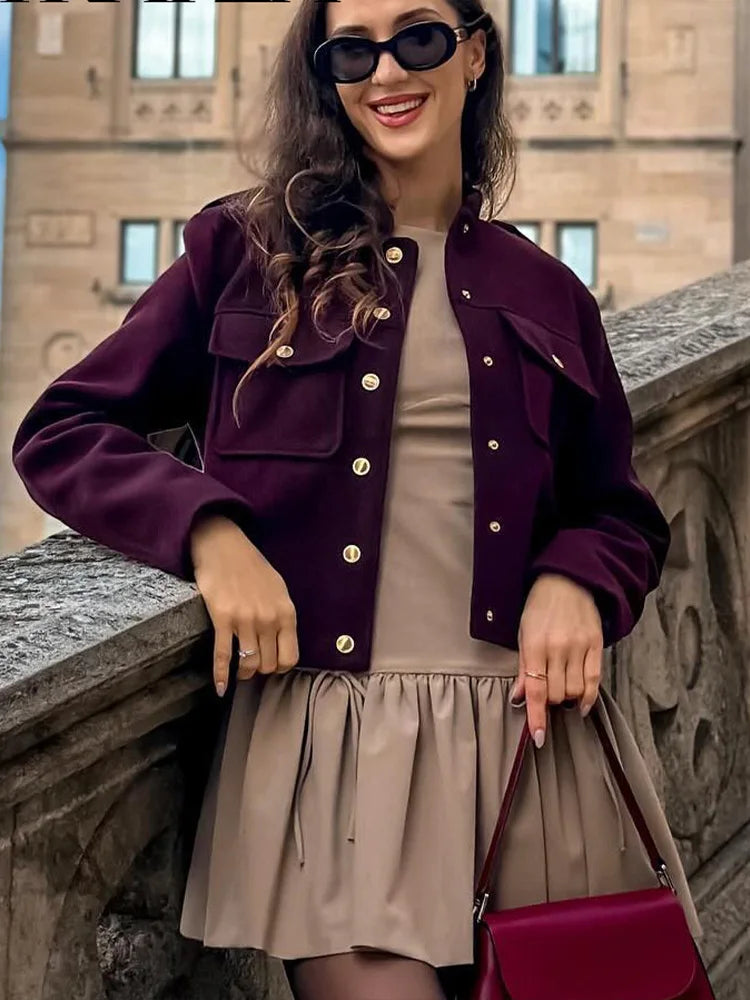 HH 2024 Fashion Women Soft Tweed Bomber Jacket O-Neck Long Sleeve Pockets Buttons Loose Woolen Coat Female Streetwear LadyShow.Store