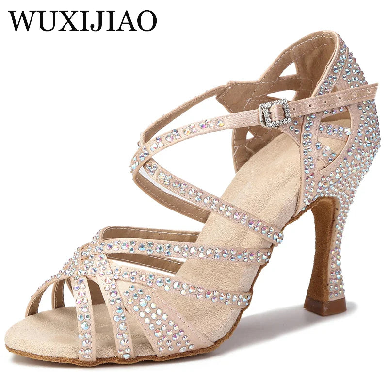 WUXIJIAO Women Party Dance Shoes Satin Shining rhinestones Soft Bottom Latin Dance Shoes Woman Salsa Dance Shoes heel LadyShow.Store