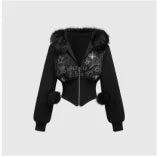 Winter Warm Gothic Print Hoodie Women's Clothin Faux Fur Crop Top Zip-Up Sweatshirt Fashion Y2K Streetwear Hooded Jacket 2026New LadyShow.Store