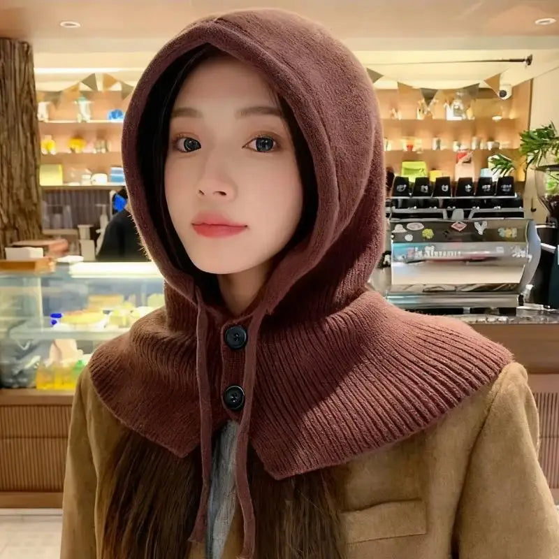 Winter Balaclava Hat Warm Knitted Women's Hood Hat Solid Color One-piece Neck Pullover Cap Outdoor Cashmere Caps Pi-Mart