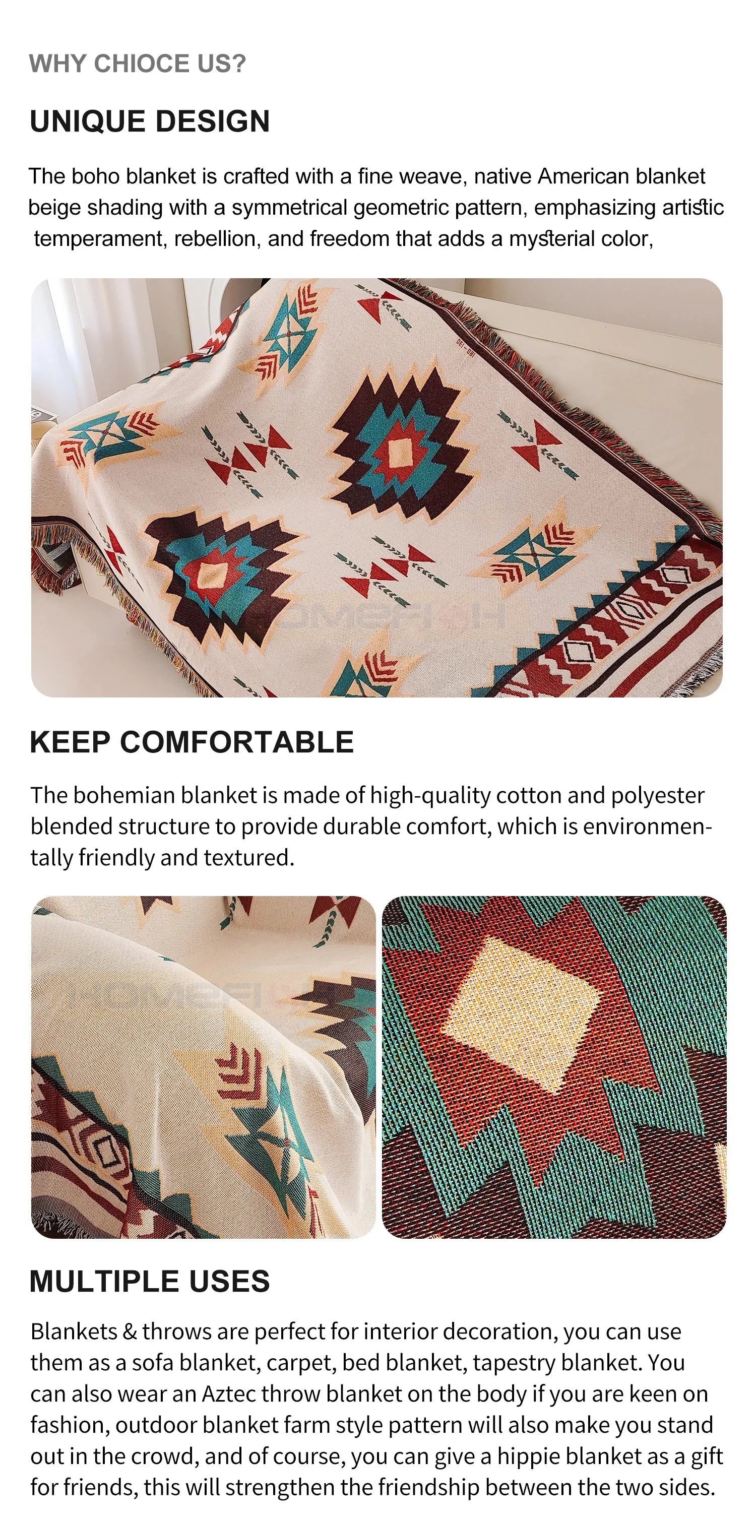 Aztec Blanket Oversized Boho Throw Blanket with Fringe Southwestern Geometric Tapestry Vintage Woven Throw Blankets Double-S Pi-Mart