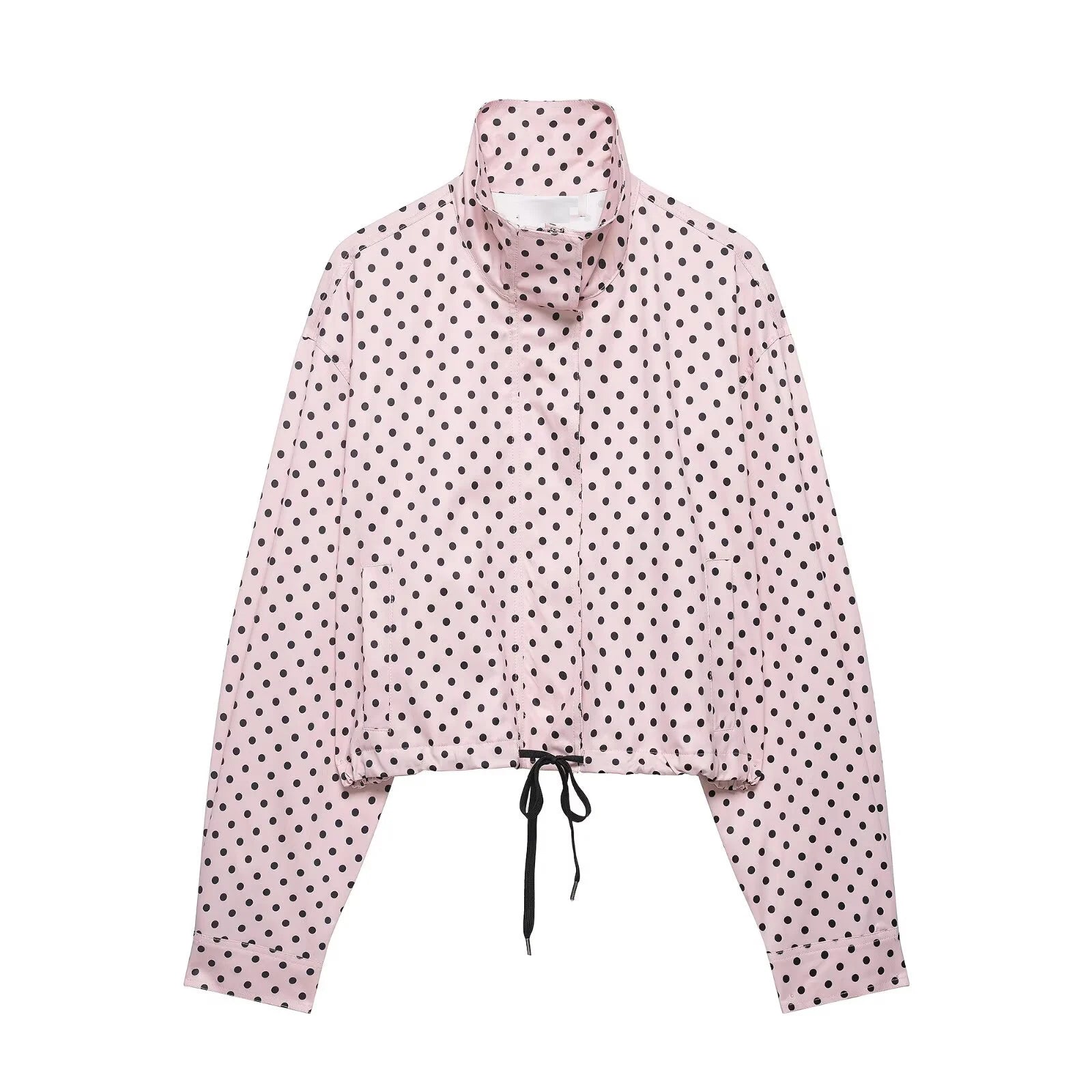HH Fashion Women's Polka Dot Print Short Coats Autumn Long Sleeves Turtleneck Zipper With Pockets Drawstring Casual Jacket Pi-Mart