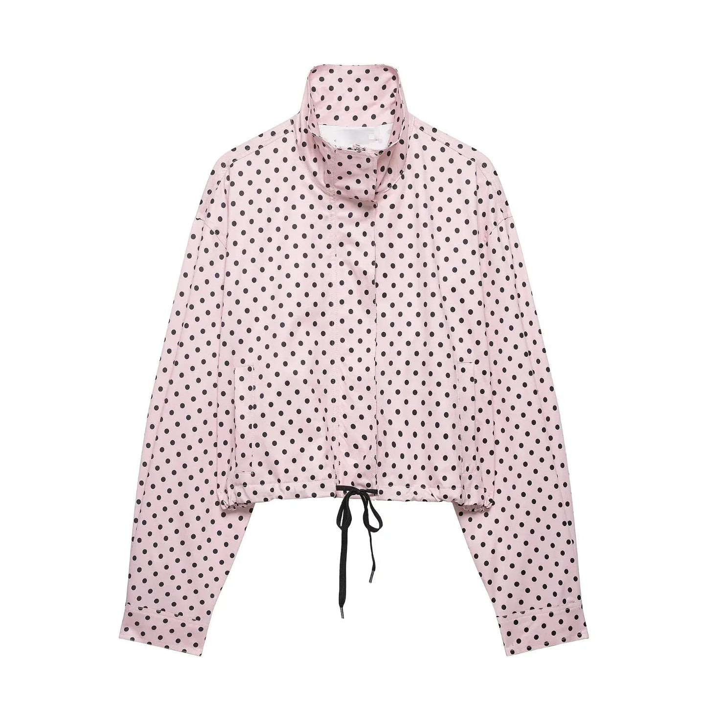 HH Fashion Women's Polka Dot Print Short Coats Autumn Long Sleeves Turtleneck Zipper With Pockets Drawstring Casual Jacket LadyShow.Store