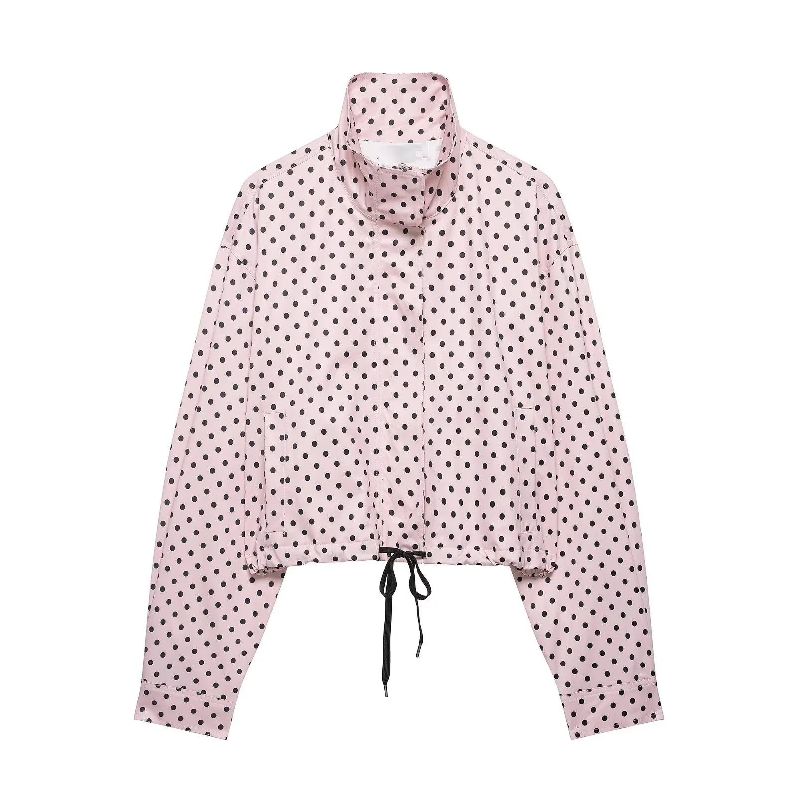 HH Fashion Women's Polka Dot Print Short Coats Autumn Long Sleeves Turtleneck Zipper With Pockets Drawstring Casual Jacket LadyShow.Store
